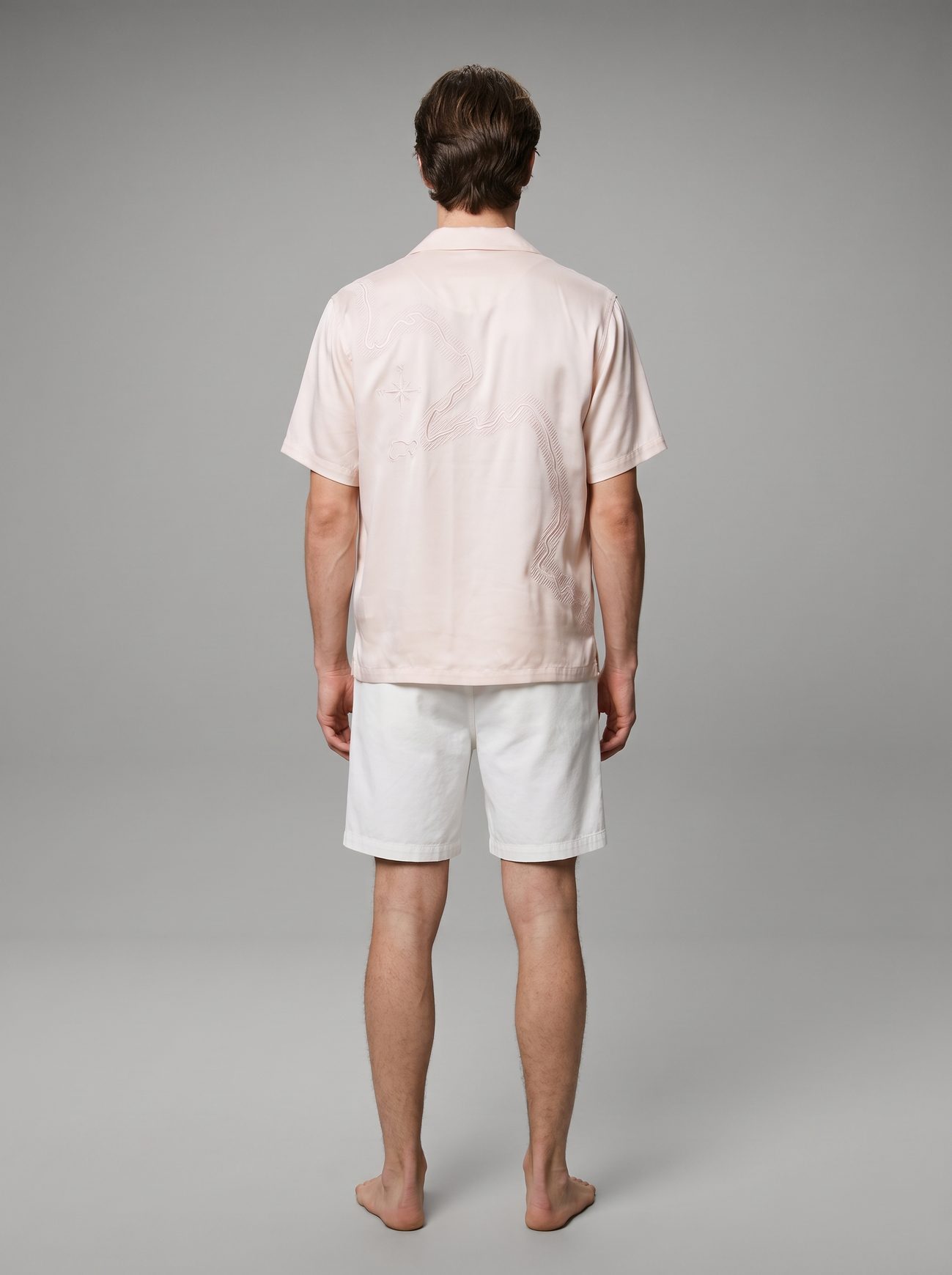 AMALFI satin camp shirt, nautical chart embroidered across the back