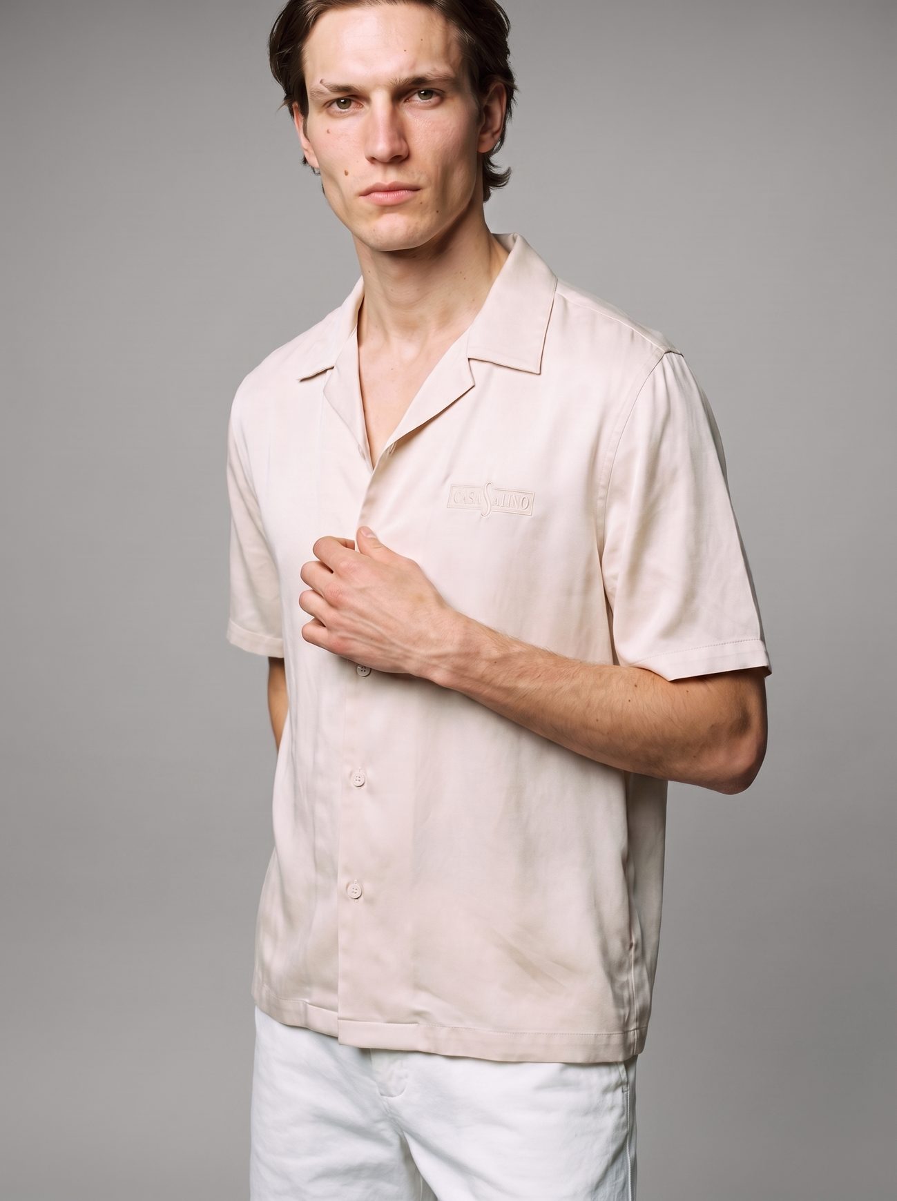 AMALFI satin camp shirt, chest detail