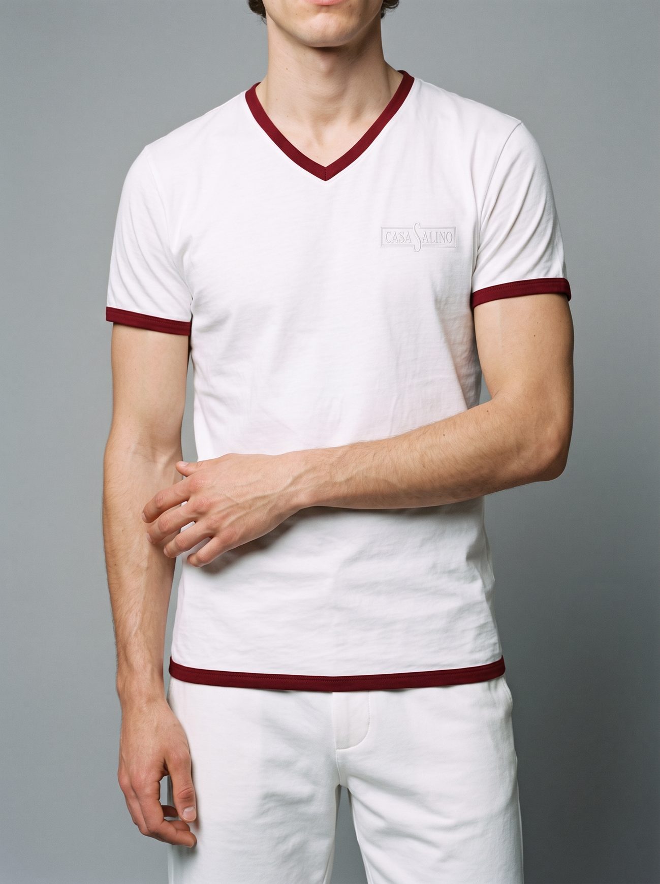 CAPRI ringer tee in dark red, binding detail