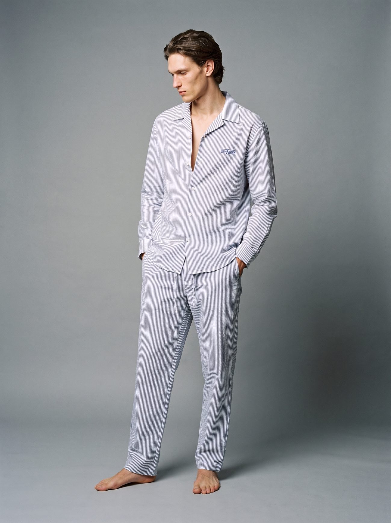 SORRENTO lounge trouser worn with the pinstripe camp shirt